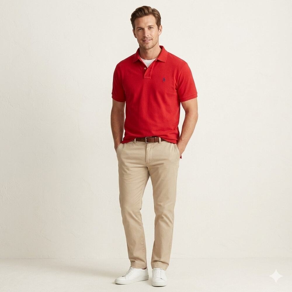 Vintage Polo Ralph Lauren Red Piqué Mesh Polo Shirt Mens XL Navy Pony